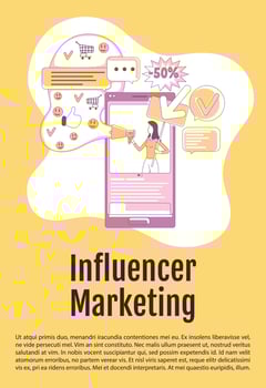 Influencer marketing poster flat silhouette vector template. Viral advertising brochure, booklet one page concept design with cartoon characters. Social media promotion flyer, leaflet with text space