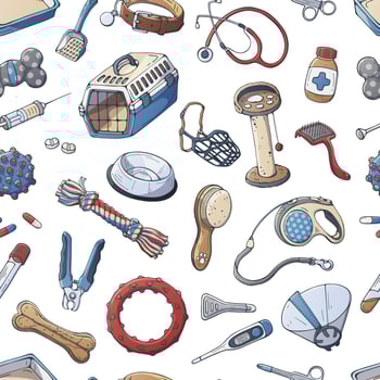 Veterinary accessories for care cats and dogs. Vector pattern.