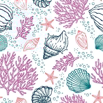 Seamless pattern with seashells, corals and starfishes. Marine background.  Perfect for greetings, invitations, manufacture wrapping paper, textile and web design. vector