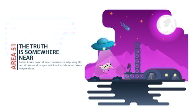 UFO flying saucer kidnaps pet cow extraterrestrial intelligence hangar design concept flat vector illustration