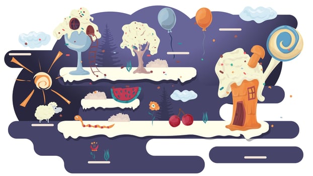 home cooking cakes in a glade of icing among trees flowers flat vector illustration for design design