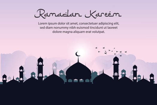 Ramadan kareem islamic greeting background design with silhouette mosque and arabic calligraphy vector