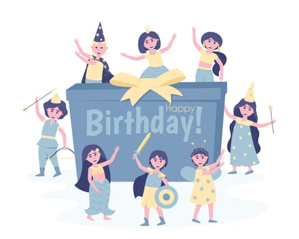 Children with a gift in carnival costumes at their birthday party vector