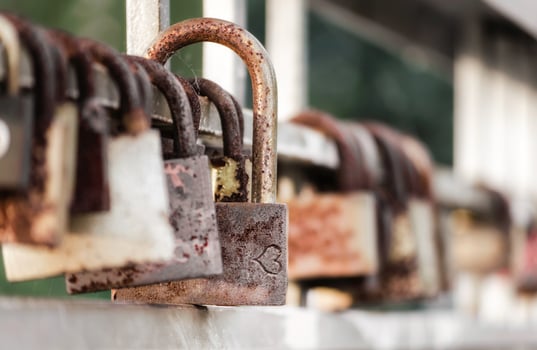 Rusty locks on a metal fence photo
