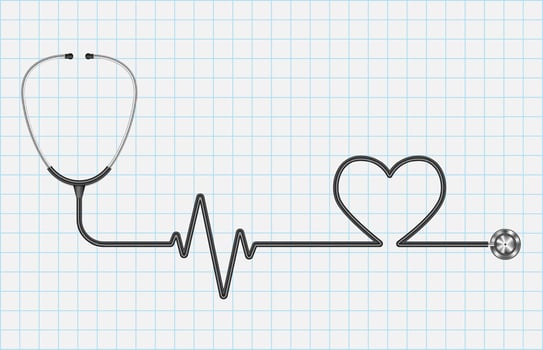 Realistic stethoscope and heart isolated on graph paper background, medical care concept, vector illustration