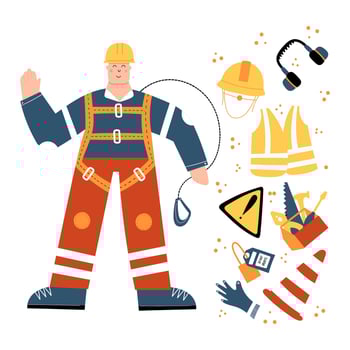 Industrial Worker in safety harness with safety equipment clipart vector