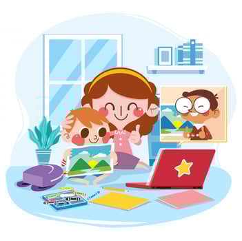 Student Showing Scenery Painting to Teacher in Online Homeschooling vector
