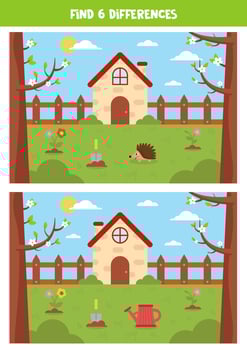 Find 6 differences between spring landscapes. Cute garden. vector