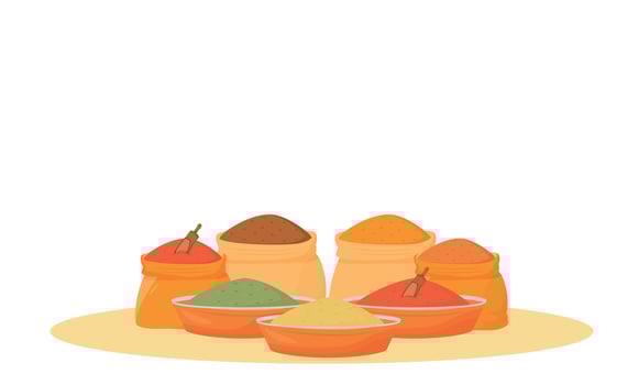 Indian spices assortment cartoon vector illustration. Traditional flavourings in bowls and sacks flat color object. Cooking items, food ingredients, condiments isolated on white background