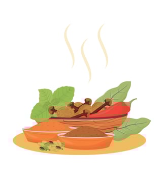Indian beverage condiments cartoon vector illustration. Tea additives in wooden bowls flat color object. Traditional drink flavourings and aromatic ingredients isolated on white background