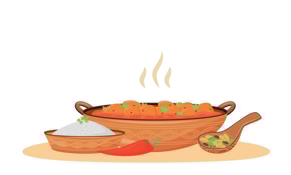 Hot butter chicken cartoon vector illustration. Traditional Indian food, meat in spiced tomato sauce flat color object. Restaurant meal, served makhani chicken isolated on white background