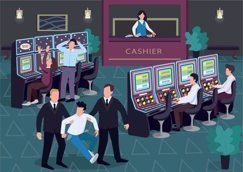 Casino flat color vector illustration. Man and woman play lottery. Security walk off loser with empty pockets. Gambler 2D cartoon characters in interior with group of people on background
