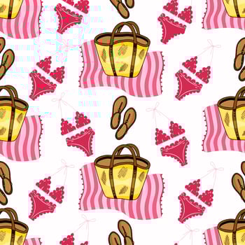 Vector seamless pattern with pink swimsuit, pink striped towel, women sandals, beach tote bag on white background. Sandy beach. Summer accessories