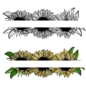 Banner, border, Ink sunflowers on white background for greeting card, line art. Hand-drawn decorative blooming sunflower elements in vector