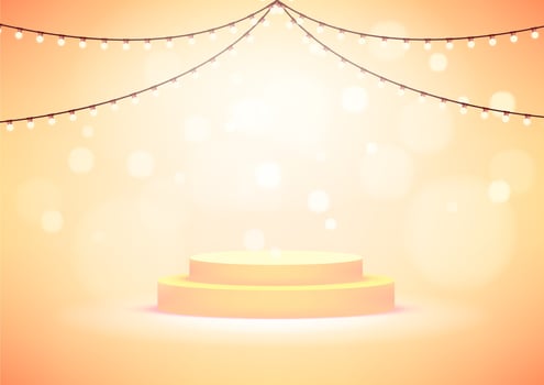 Empty round stage or podium illuminated by light bulbs. Yellow studio background for product display. vector