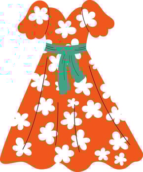 Summer red women's dress with a belt. Dress with a floral pattern. Vector flat cartoon illustration.