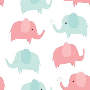 Cute green and pink pastel elephant cartoon seamless pattern vector