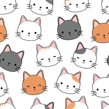 Cute cat kitten head cartoon doodle seamless pattern vector