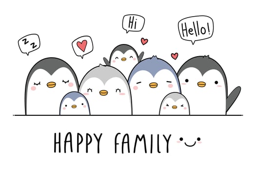 Cute penguin family greeting cartoon doodle vector
