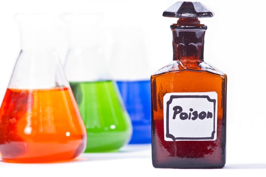 Chemical glassware with poison label on white background photo