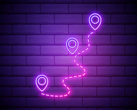 Glowing neon Route location icon isolated on brick wall background. Map pointer sign. Concept of path or road. GPS navigator. vector