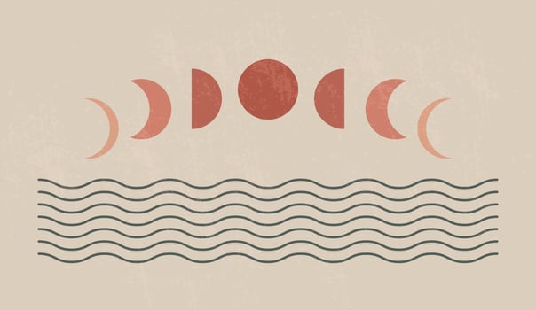 Mid century modern minimalist art print with organic natural shape. Abstract contemporary aesthetic background with geometric Moon phases and sea. Boho wall decor. vector