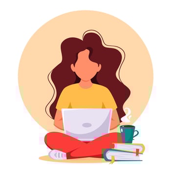 Woman working on laptop. Freelance, remote working, online studying, work from home. Vector illustration.