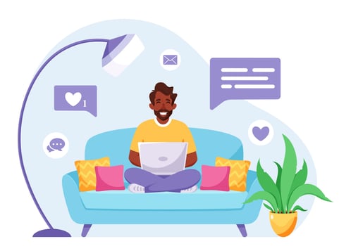 Black man sitting on a sofa and working on laptop. Freelancer, home office concept. Vector illustration