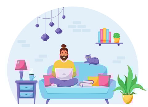 Man sitting on a sofa and working on laptop. Freelancer, home office concept. Vector illustration