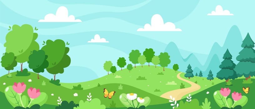 Spring landscape with trees, mountains, fields, leaves. Vector illustration in flat style.