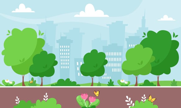 Spring city park. Cityscape. Vector illustration