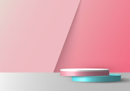 3D realistic empty pink, blue and white round pedestal mockup overlapped on soft pink backdrop vector