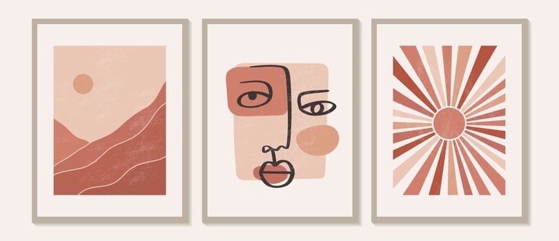 Trendy contemporary set of abstract creative geometric, minimalist, artistic, hand painted mountain landscapes composition, sun and face. Vector posters for wall decor in vintage style