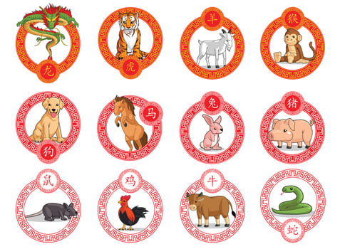 12 Chinese Zodiac Animals Ornamental Frame Cartoon Vector Drawing set