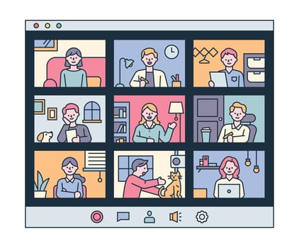 People having video meetings in their own homes. flat design style minimal vector illustration.