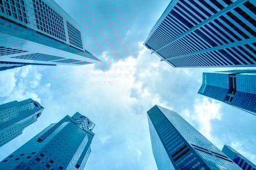 View of modern business skyscraper glass and sky view landscape of commercial building in a central city photo