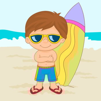 Little surfer posing next to his surfboard on the beach vector