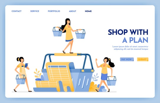 Illustration of shopping with plan. Women carrying bags and lists for shopping. Monthly spending on shopping in e-commerce or grocery. Design concept for banner, landing page, web, website, poster, ui vector