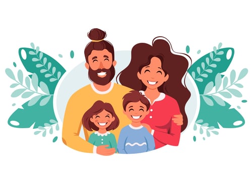 Happy family with son and daughter. Parents hugging children. Vector illustration