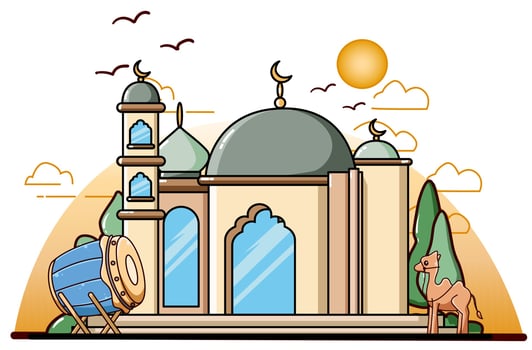 Mosque with drum and camel at ramadan kareem icon cartoon illustration vector