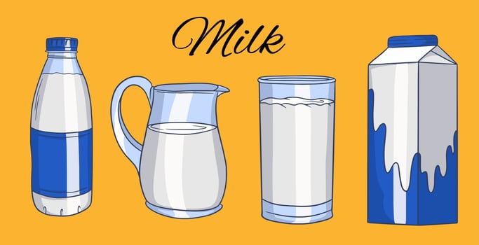 Set of vector illustrations in cartoon style of glass bottles with milk. Milk in a glass, a jug, in a cardboard box, in a bottle.