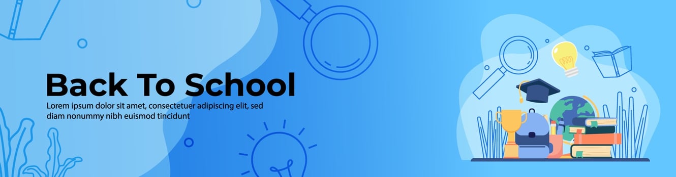 Back to school Web Banner Design. School bag, trophy, stack of books, education ornament. header or footer banner. vector