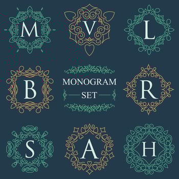 Monogram Logos Set Graphic Logo template flourishes elegant ornament lines. Business sign, identity for Restaurant, Royalty, Boutique, Hotel, Heraldic, Jewelry, Fashion, vector illustration