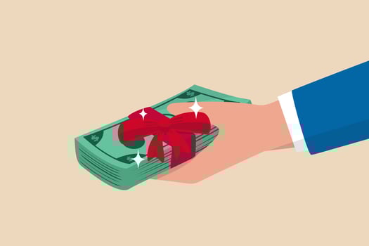 businessman boss hand giving banknotes cash with reward ribbon vector