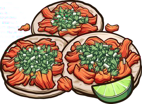 Mexican cartoon tacos al pastor with onions and cilantro. Vector clip art illustration with simple gradients.