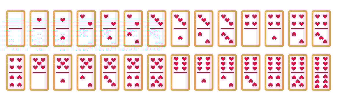 Set of 28 domino bones cookies with hearts for Valentine's Day. Vector flat icon design isolated on white background.