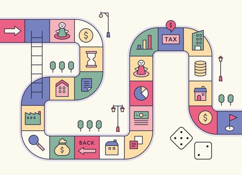 Directions game concept template. Financial icons are placed in each cell. flat design style minimal vector illustration.