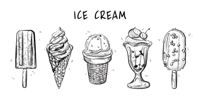 Vector hand drawn illustration of Ice cream set in vintage engraved style. isolated on white background.