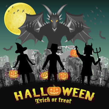 halloween giant devil monster destroy city by fire vector