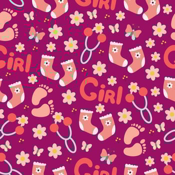 Cute baby footprints toys for baby seamless pattern, pink print for newborn girl, vector illustration in doodle style, cartoon.